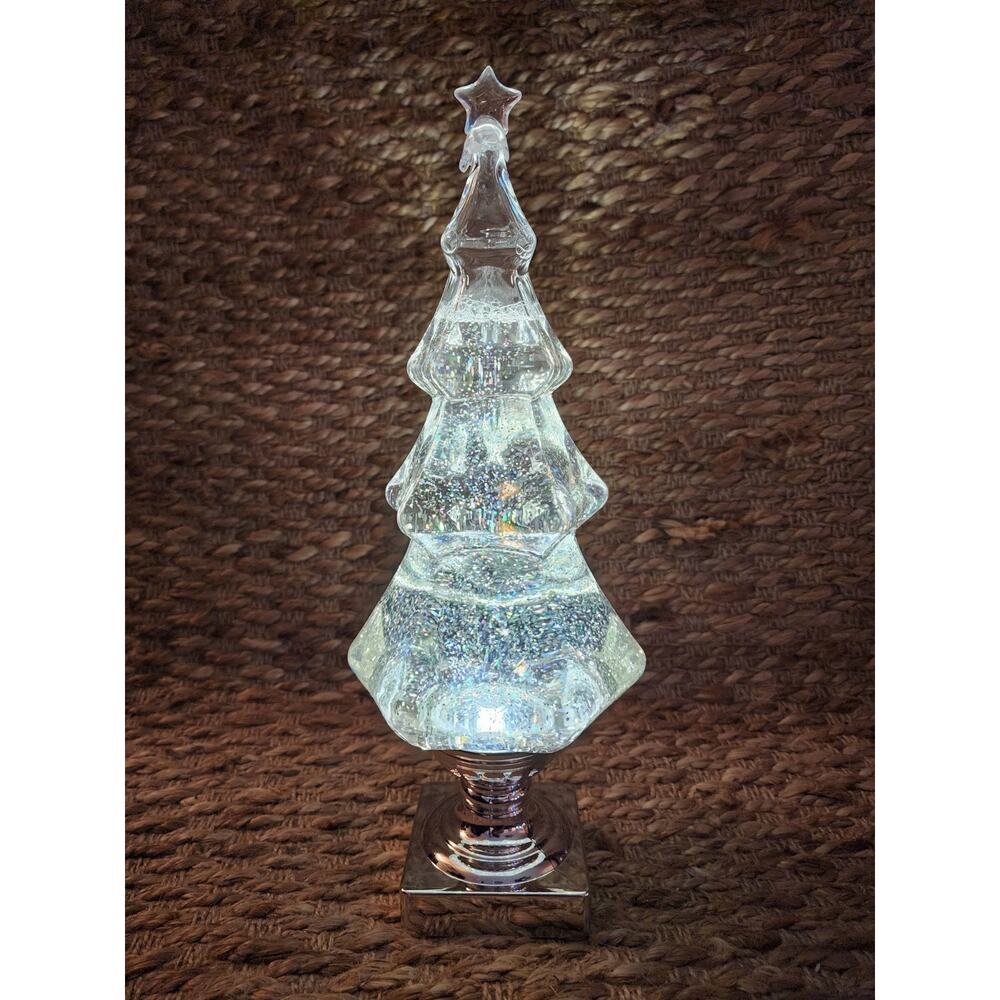 Clear Swirling Light Up Glitter Water Globe Christmas Tree Holiday Decor 14.5"
